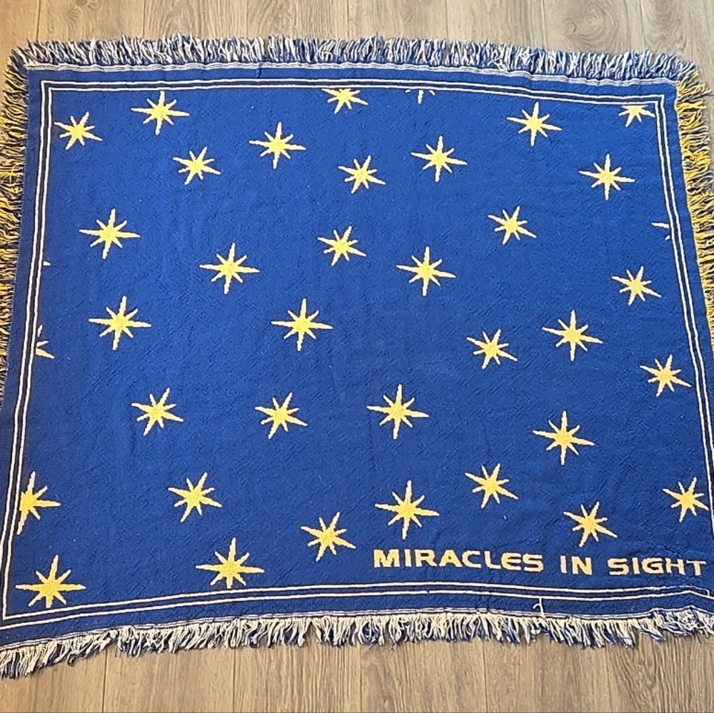 Vintage 90s Celestial Stars Throw Blanket Blue Gold Miracles In Sight Tapestry